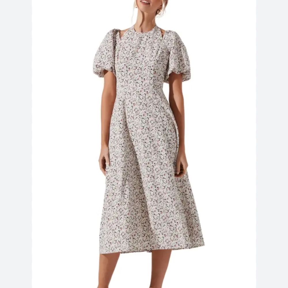 Revolve Astr  FLORAL PRINT CUTOUT SHOULDER DRESS IN TAUPE MULTI DITSY